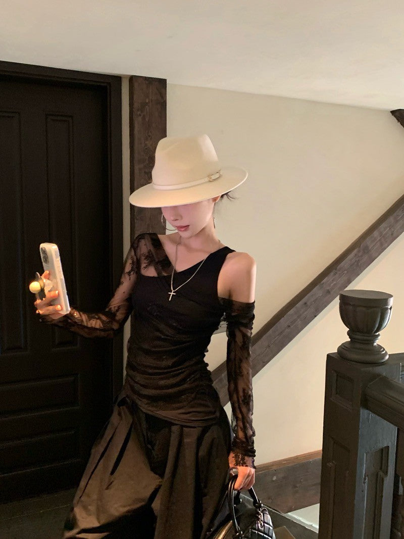 NA+ 造型偷心蕾絲假兩件式疊穿上衣 黑