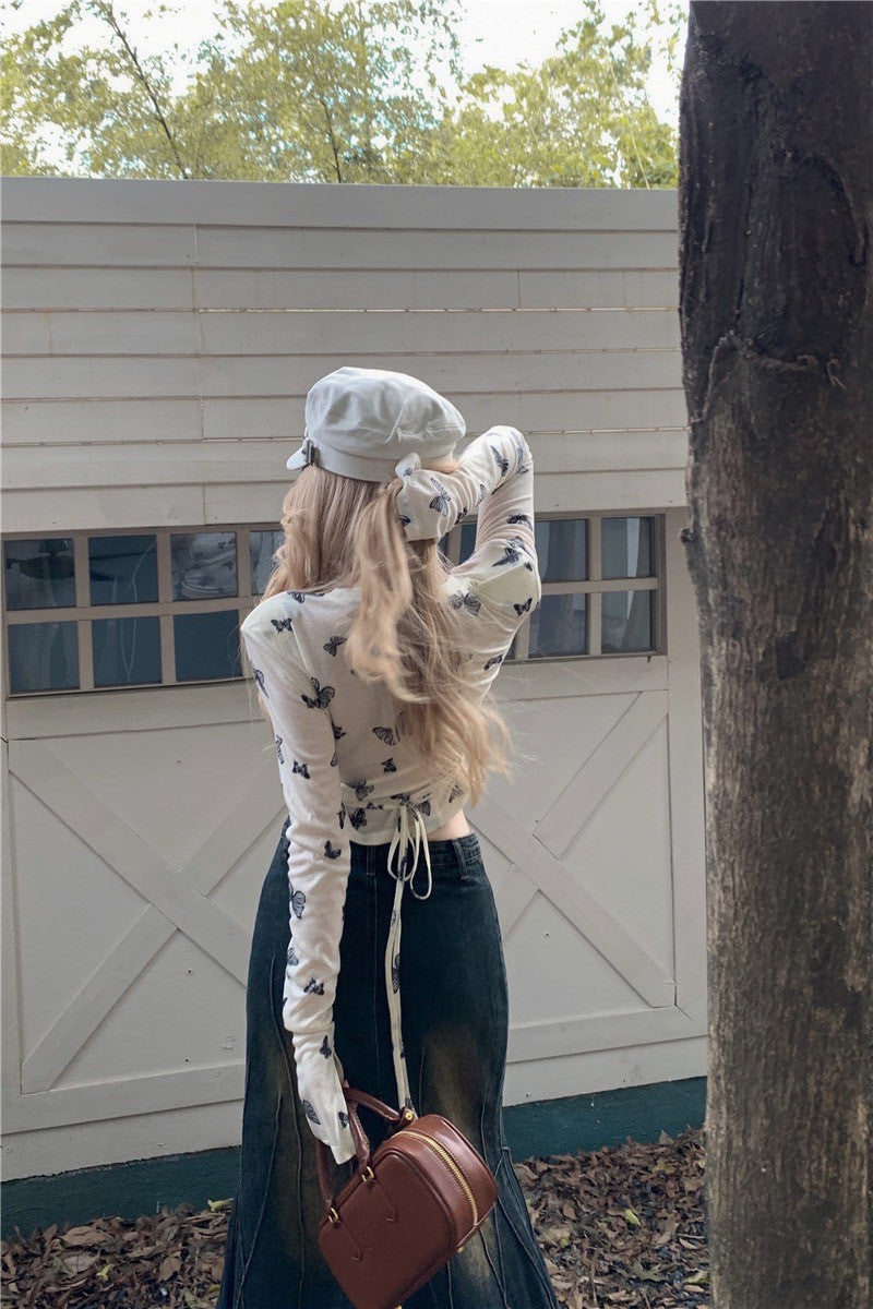 Na+ Lucky蝴蝶印花透視彈力上衣 杏