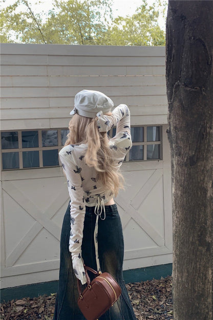 Na+ Lucky蝴蝶印花透視彈力上衣 杏