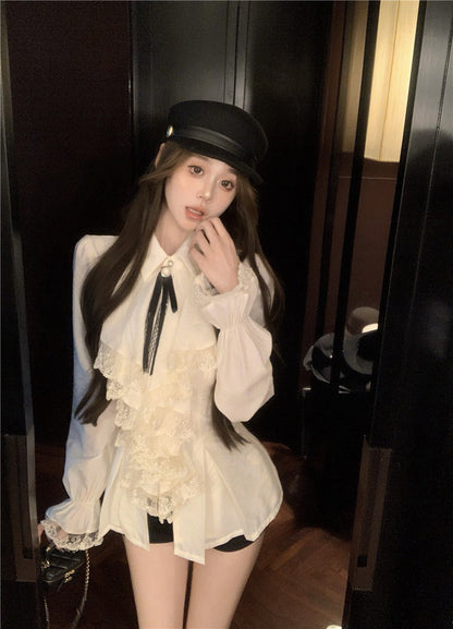 NA+ 法式女爵 宮廷蕾絲荷葉收腰襯衫