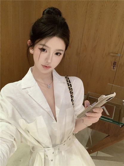 NA+ 韓女極簡主義西式襯衫收腰裙 白