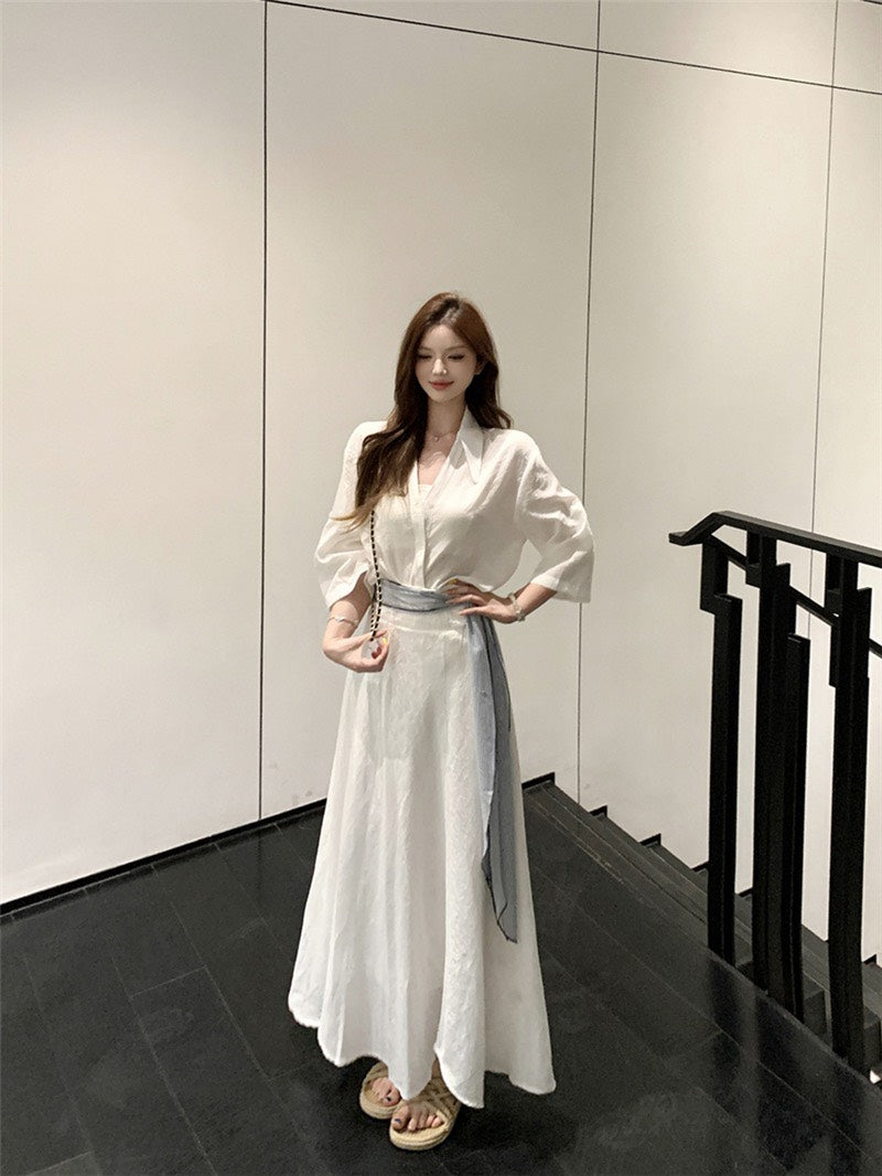 NA+ 老錢度假修身慵懶襯衫/高腰半身裙 白