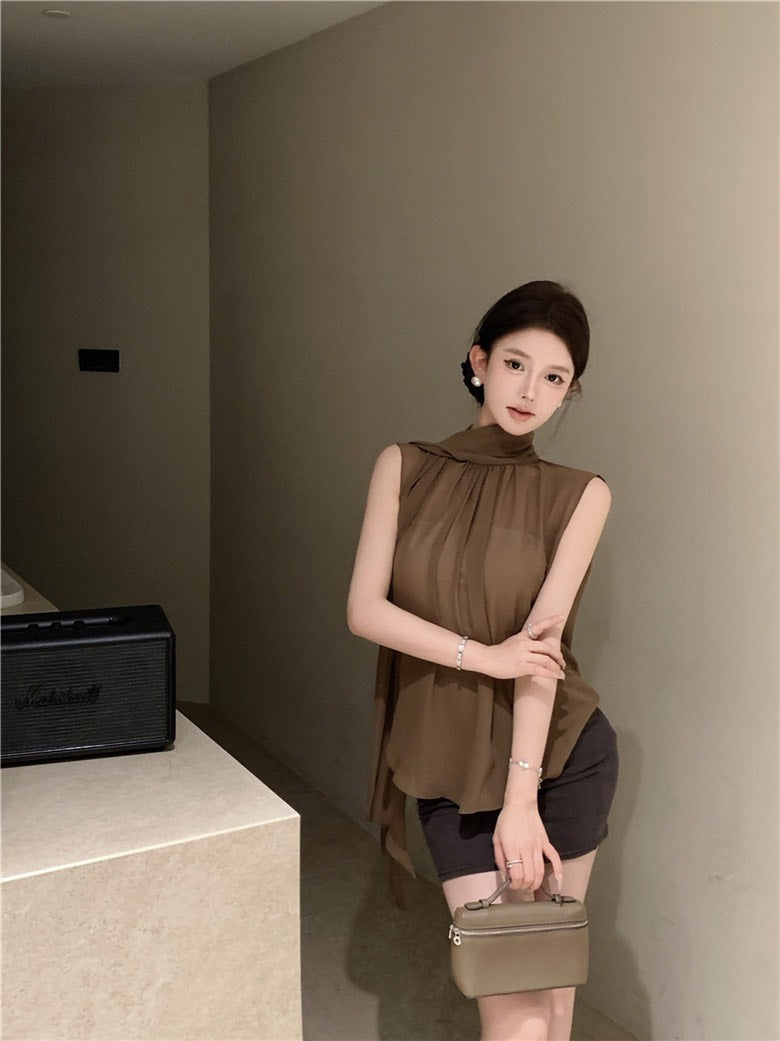 NA+ 溫柔製造 美學飄帶雪紡背心 咖