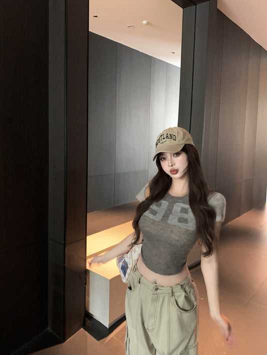 NA+ 緊身毛絨感撞色字母短上衣 白藍/灰底