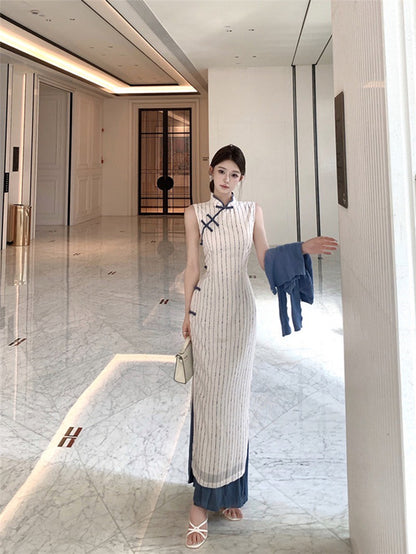 NA+ 海鹽中式盤扣條紋印花旗袍裙 針織外開衫藍色