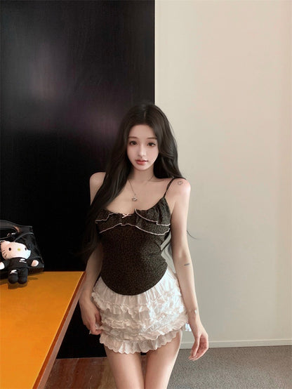 Na+ 居家愛穿 低V荷葉細肩背心 波點款/豹紋花