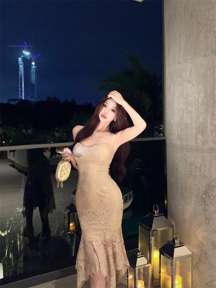 NA+ 頂流名媛性感蕾絲魚尾連身裙 杏