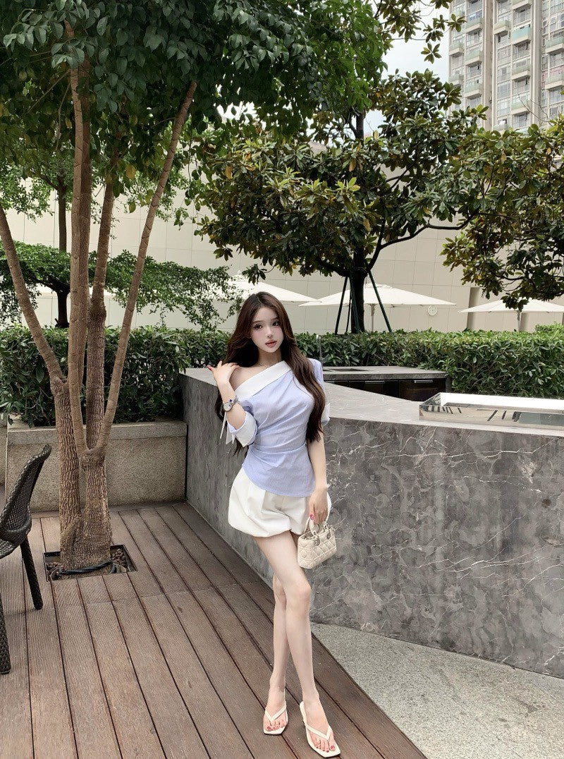 NA+ 通勤斜肩拼色條紋襯衫 白色花苞褲