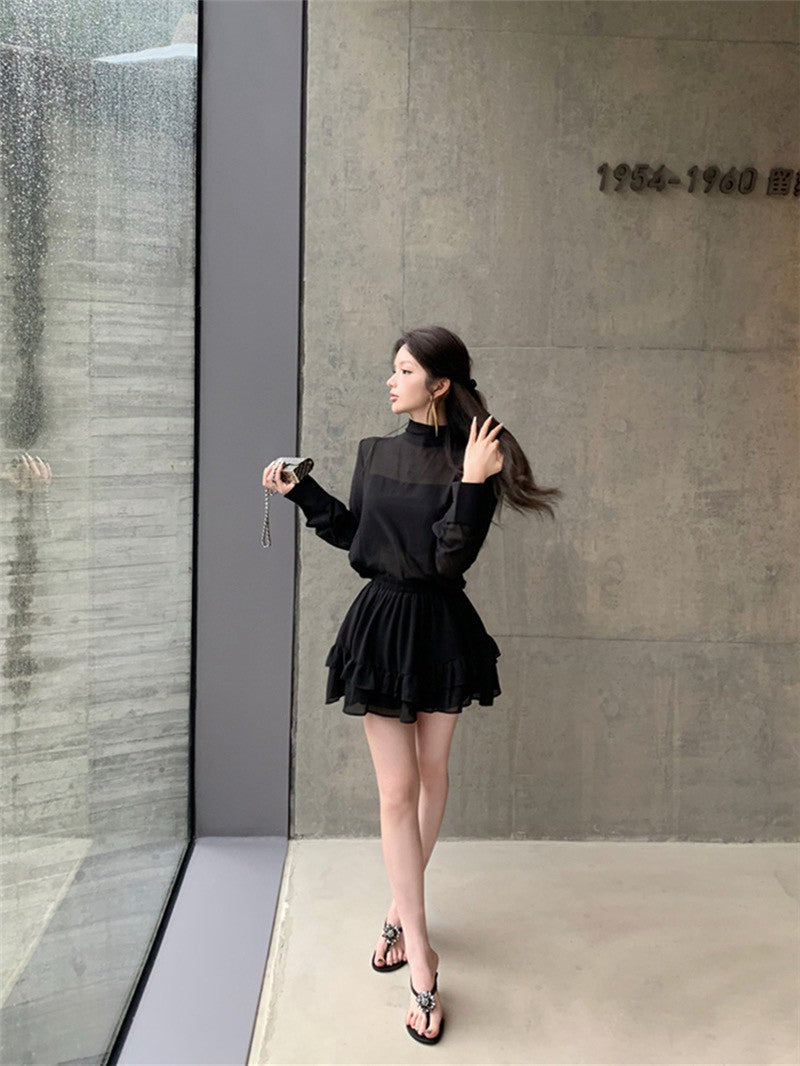 NA+ 超人氣主播透紗2件式上衣 荷葉半身裙 黑