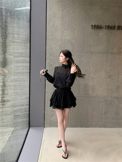 NA+ 超人氣主播透紗2件式上衣 荷葉半身裙 黑