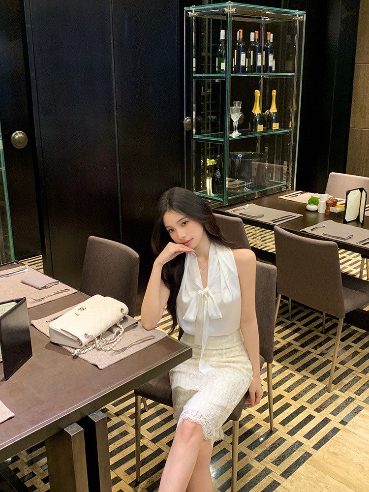 ''Na+''冰島慕斯 氣質法式緞面上衣 蕾絲半身裙