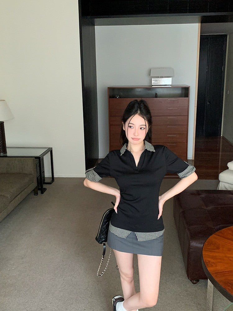 ''Na+''知性乖乖牌 polo拼色假兩件式簡約上衣