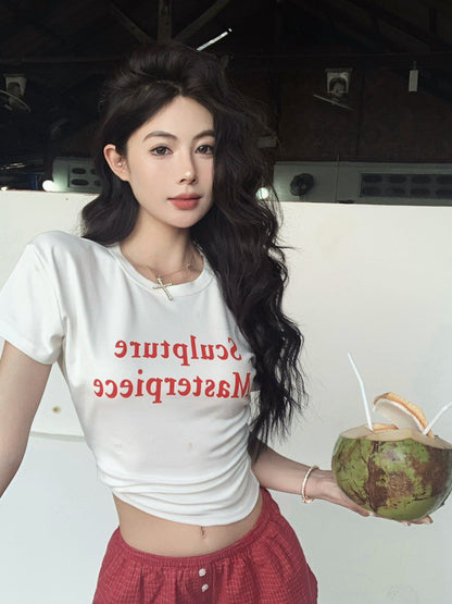 NA+ 辣妹正肩顯瘦圓領撞色字母上衣 白/紅