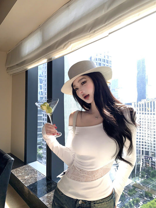 NA+ 辣妹半截縷空拼接露背綁帶上衣 白