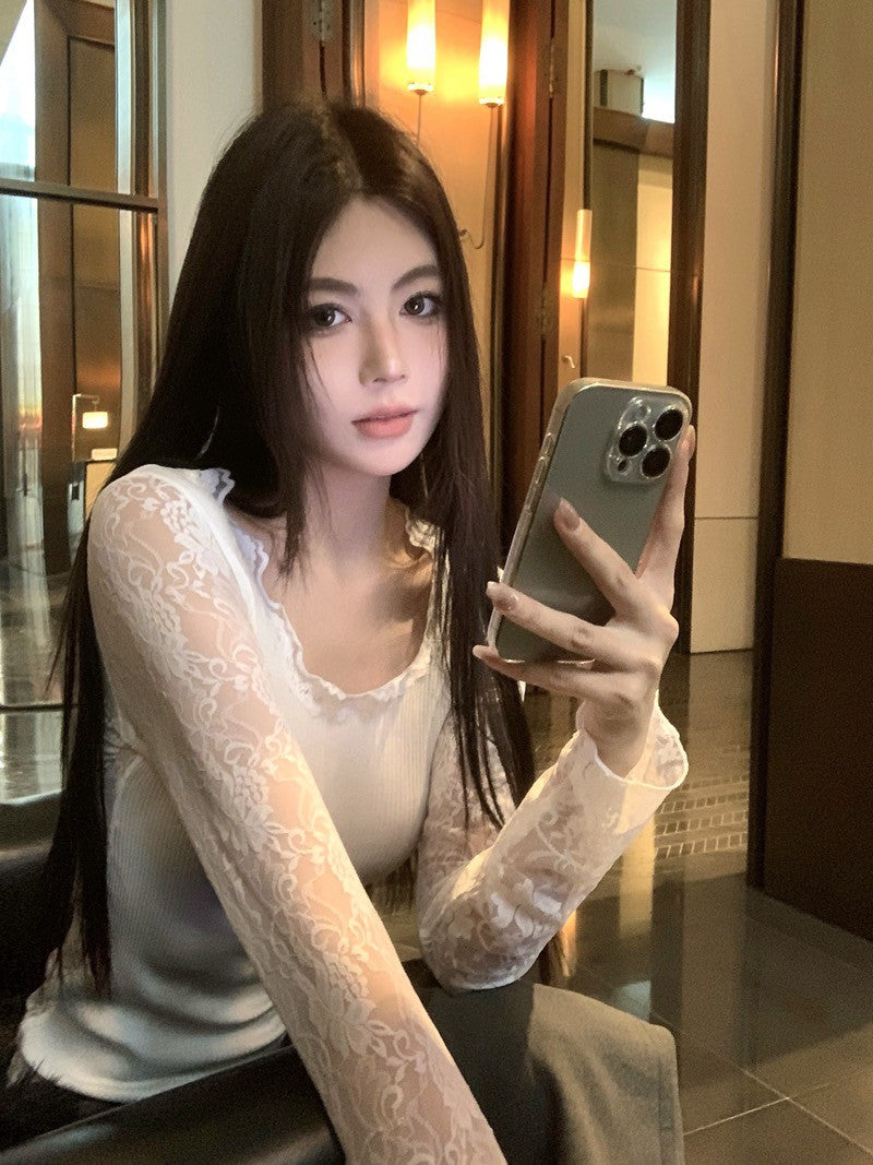 NA+ 不簡單打底蕾絲拼接針織上衣 白/黑