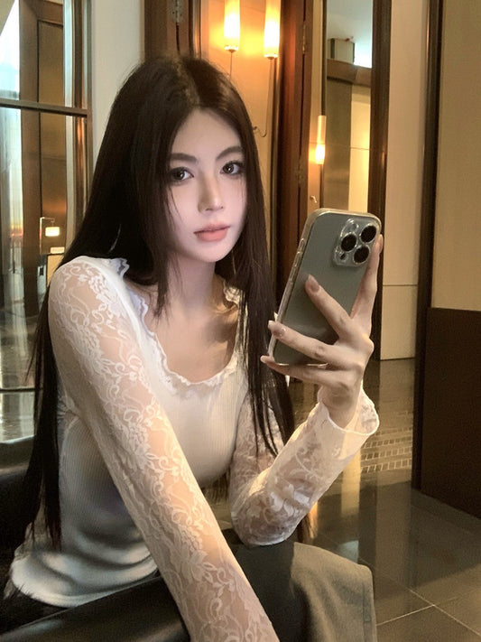 NA+ 不簡單打底蕾絲拼接針織上衣 白/黑