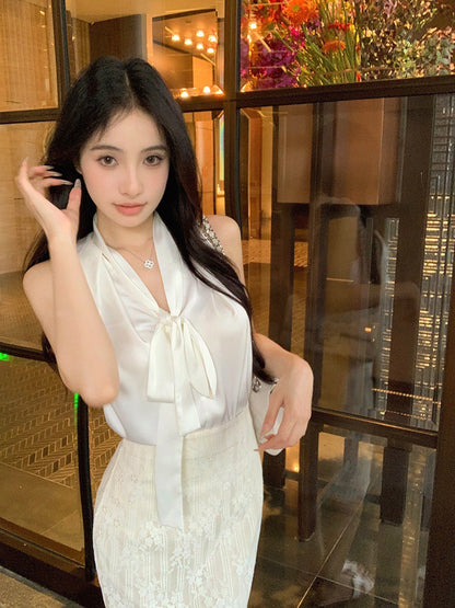 ''Na+''冰島慕斯 氣質法式緞面上衣 蕾絲半身裙