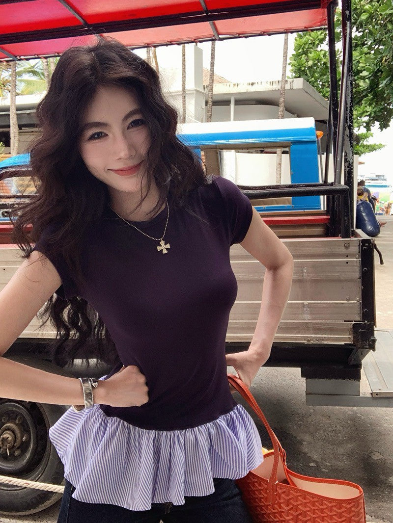 NA+ 俏皮荷葉拼接正肩上衣 灰/藏藍