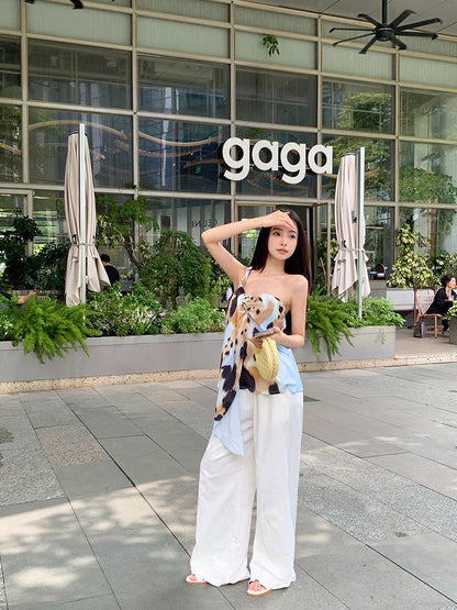 NA+ 沫花暈染不規則扭結飄帶上衣