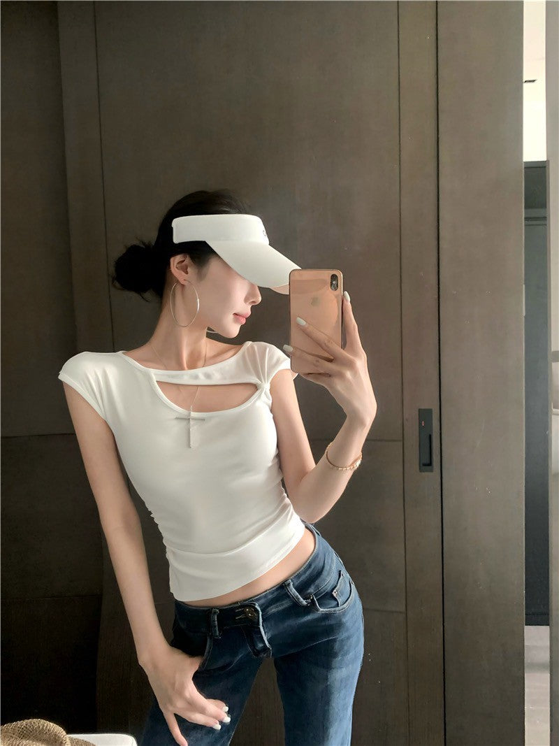 Na+ 人身辣tee 不規則縷空設計修身上衣 白/灰