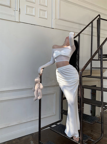 NA+ 鎏光漫步裙/透紗一字領修身上衣  白