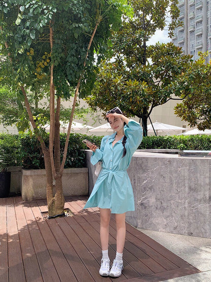 ''Na+''韓系糖果衫 法式綁帶收腰襯衫裙 薄荷藍