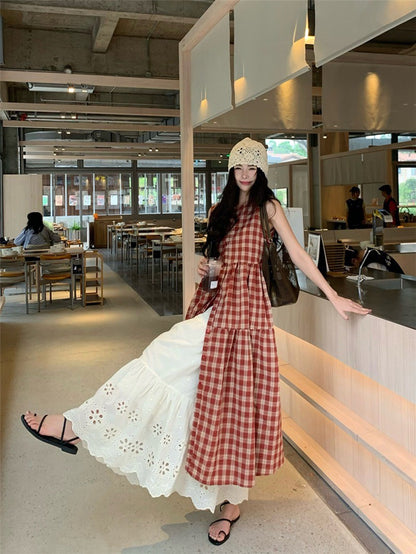 Na+ 高顏值日系 紅色格紋兩穿連身裙