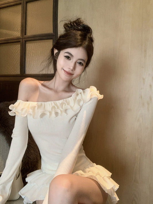 NA+ 俏皮復古荷葉領螺紋彈力打底上衣 杏色/深燕麥