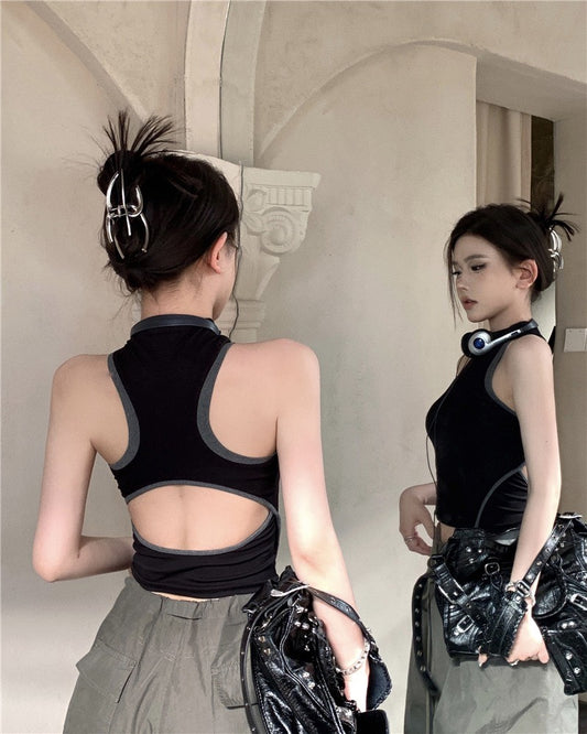 NA+ 撞色設計歐美修身彈力背心 灰底/黑底