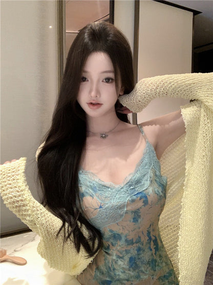 NA+ 斜裁花青綠暈染蕾絲連身裙 針織開衫