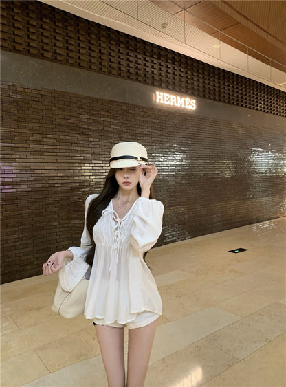 Na+ 法式氣質純色燈籠袖綁帶襯衫上衣 白