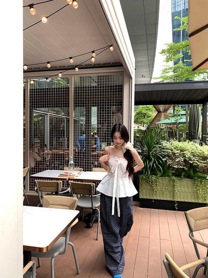 NA+ 甜辣蝴蝶機綁帶收腰抹胸 格紋鬆緊休閒褲