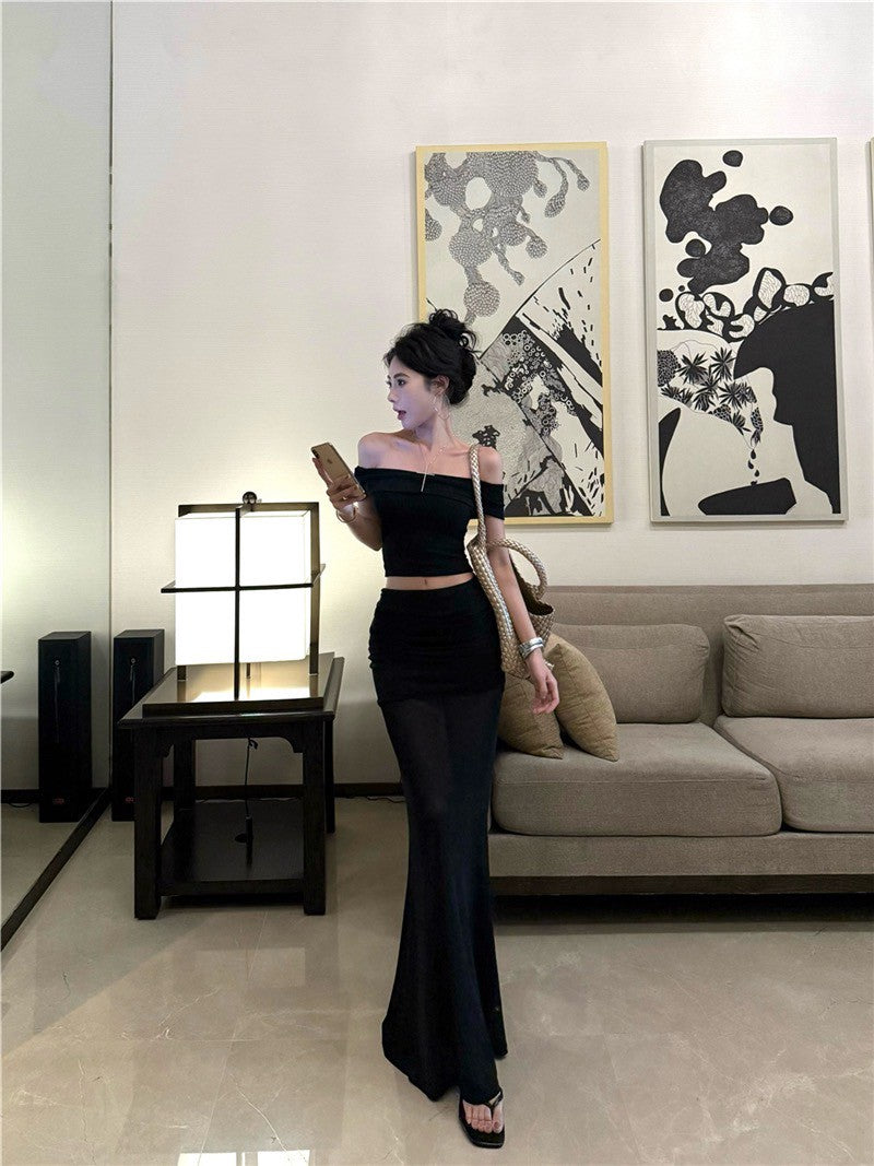 NA+ 主角光環一字領顯瘦上衣 網紗拼接裙 黑