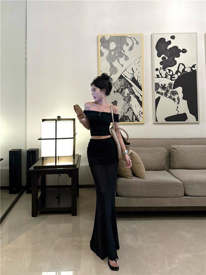 NA+ 主角光環一字領顯瘦上衣 網紗拼接裙 黑