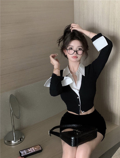 Na+ 韓女秘書 假兩件撞色襯衫短款上衣 黑