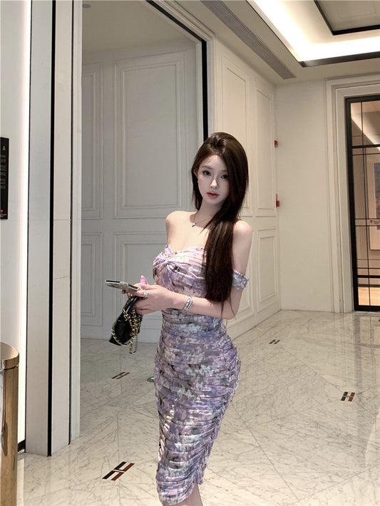 NA+ 漫野碎花極致純慾V領暈染連身裙 紫花