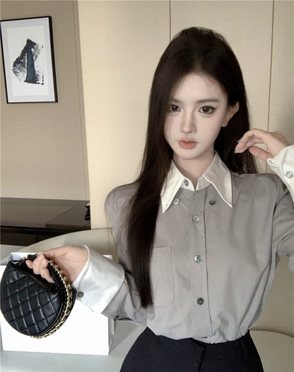 Na+ 職業往來～撞色假兩件式口袋襯衫 灰