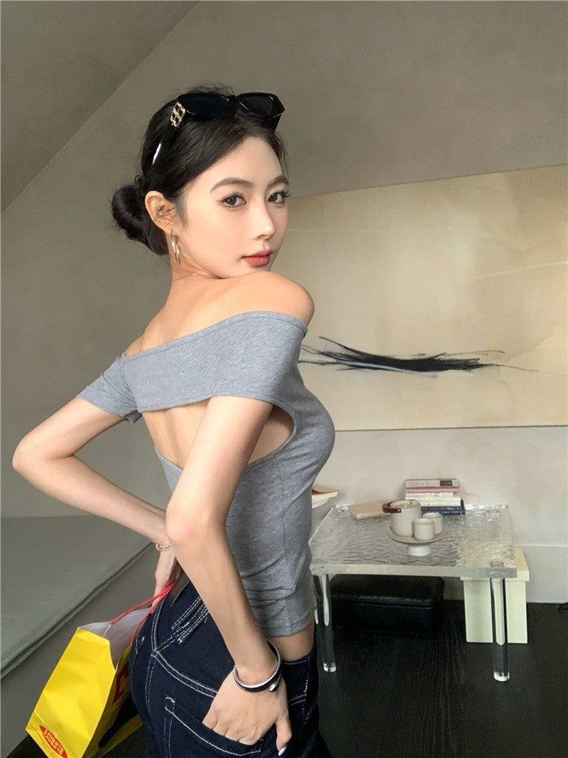 Na+ 歐美辣妹不規則一字露背彈力上衣 灰/黑