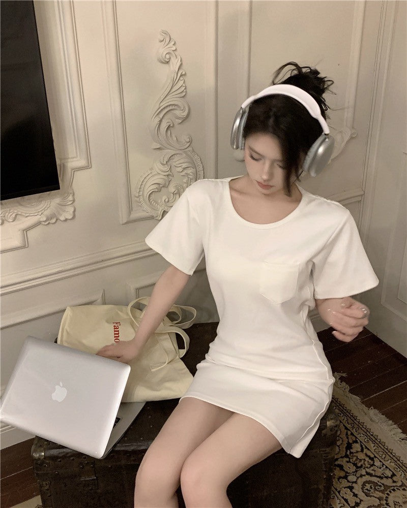 Na+ 鬆弛感收腰口袋T shirt裙 白/黑