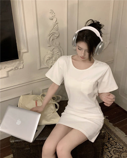 Na+ 鬆弛感收腰口袋T shirt裙 白/黑