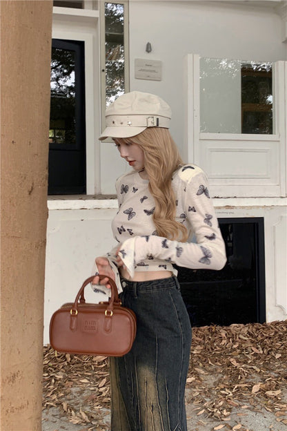 Na+ Lucky蝴蝶印花透視彈力上衣 杏