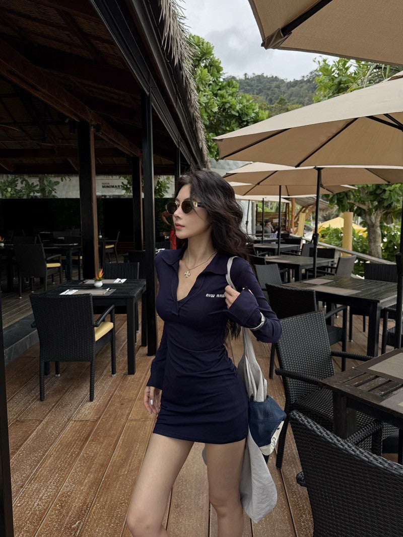 NA+ SO HOT辣妹polo領彈力連身裙 灰/藏藍