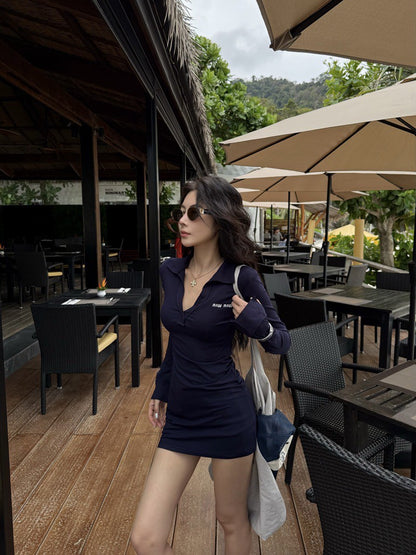 NA+ SO HOT辣妹polo領彈力連身裙 灰/藏藍