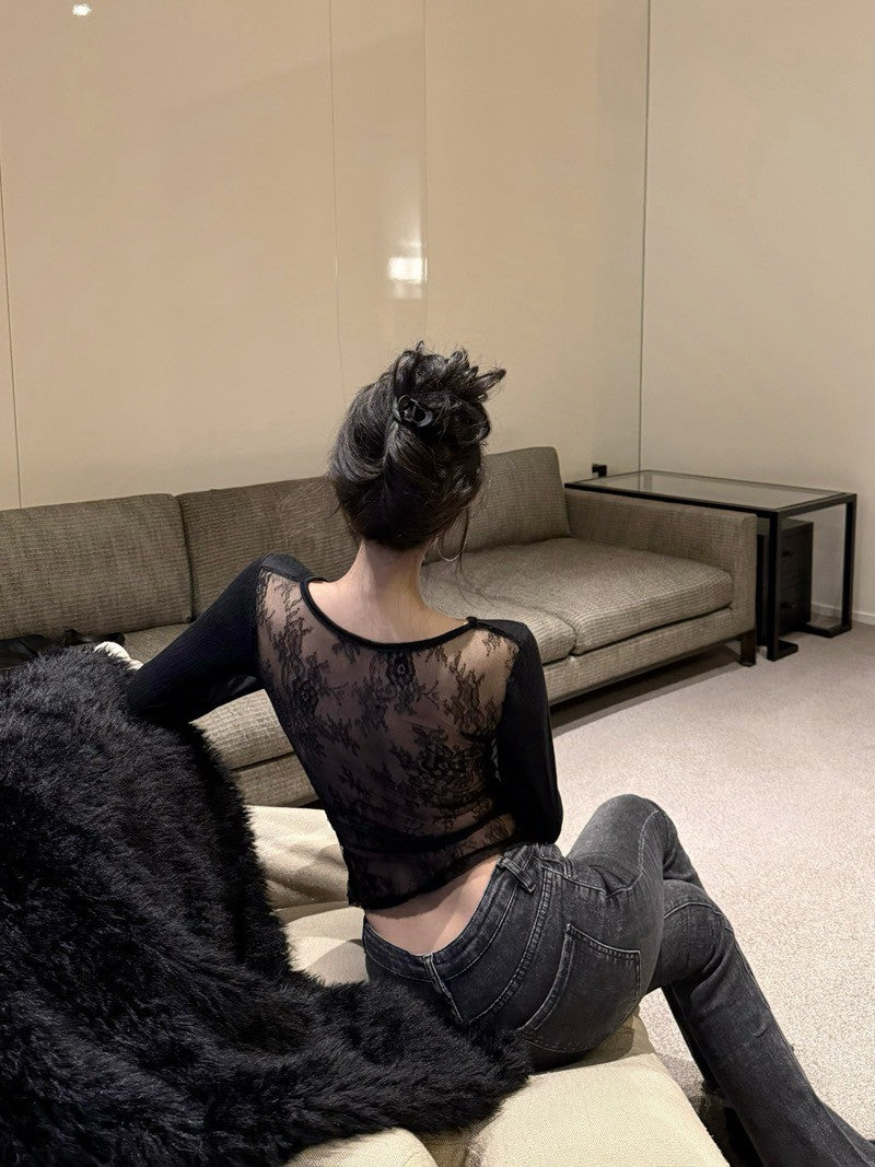 Na+ 性感美背蕾絲棉設計感上衣 黑