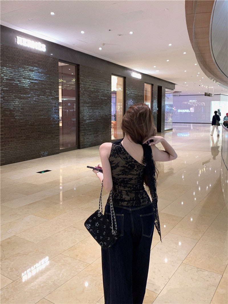 NA+ 偷心契約蕾絲飄帶上衣 杏白/黑