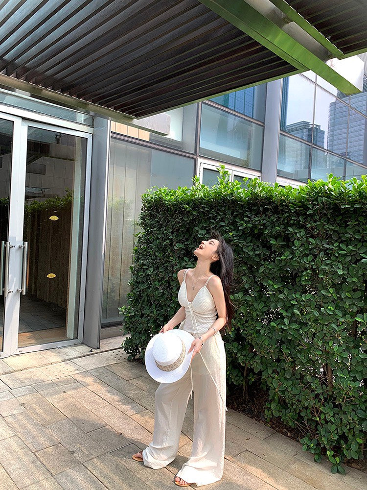 NA+ 華夫格鬆餅帶胸墊度假休閒背心 白 亞麻涼爽呼吸休閒褲