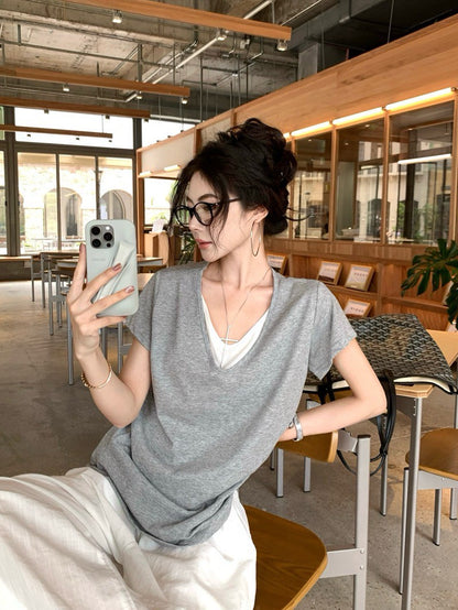 NA+ 寬鬆假兩件慵懶雪花棉T恤 白/灰