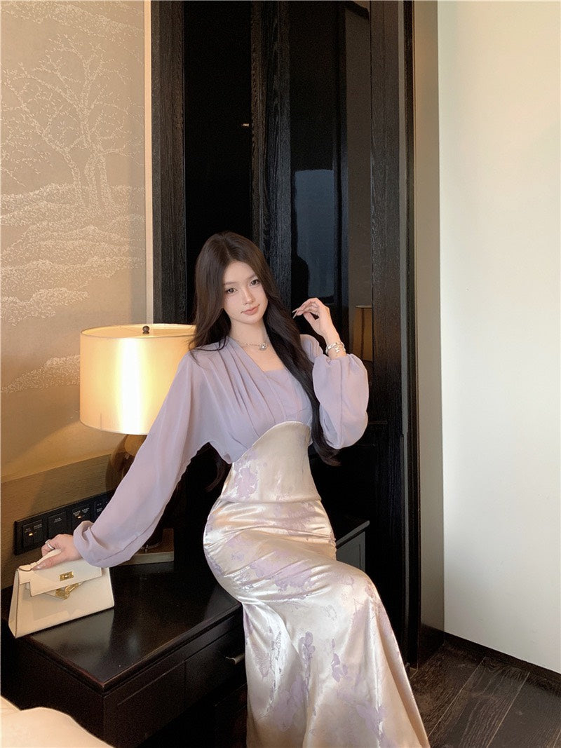 NA+ 古典系美人復古緞面印花拼接連身裙 紫