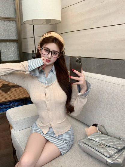 NA+ 氣質學院假兩件式條紋針織襯衫 條紋半身褲裙