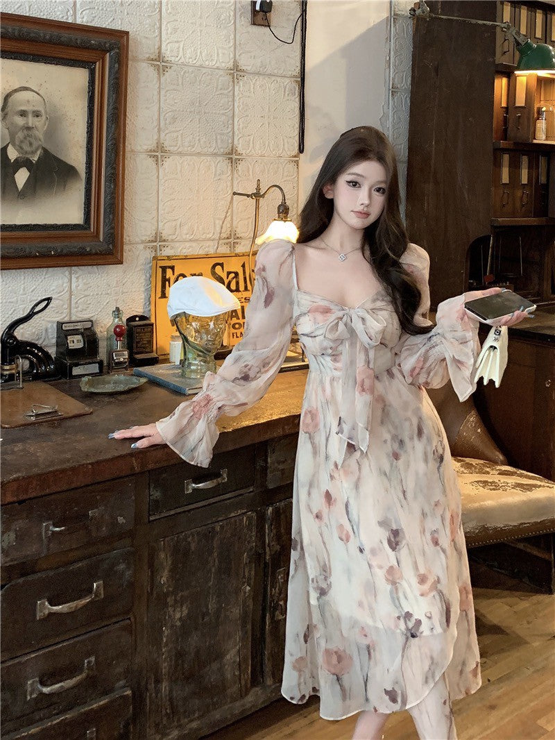 Na+ 甜美法式方領顯瘦碎花連衣裙 杏 兩款長度